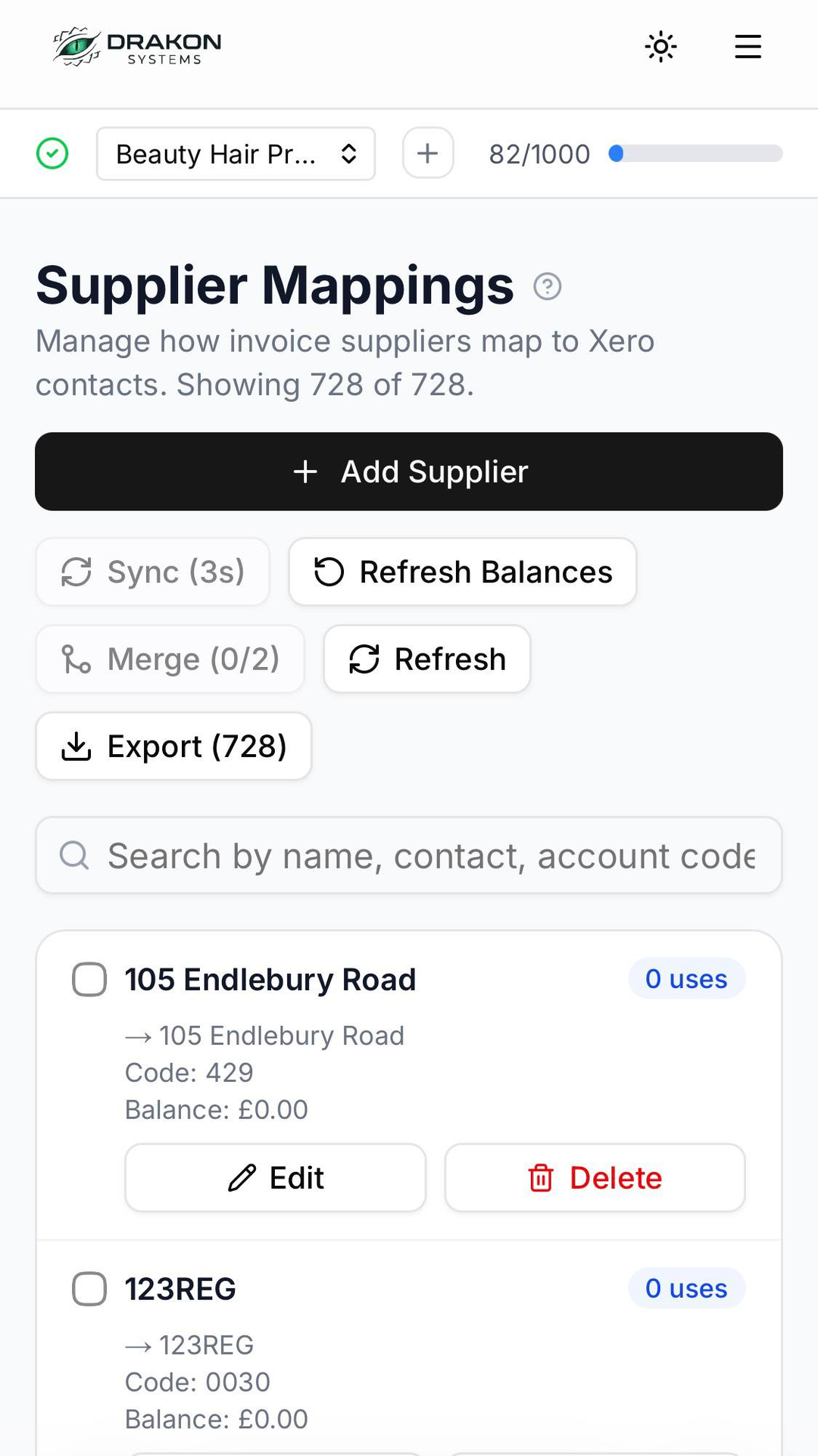 Supplier mappings showing 728 synced suppliers