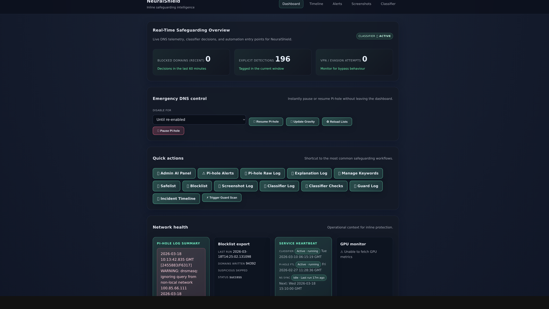 NeuralShield production dashboard — real AI monitoring in a UK school